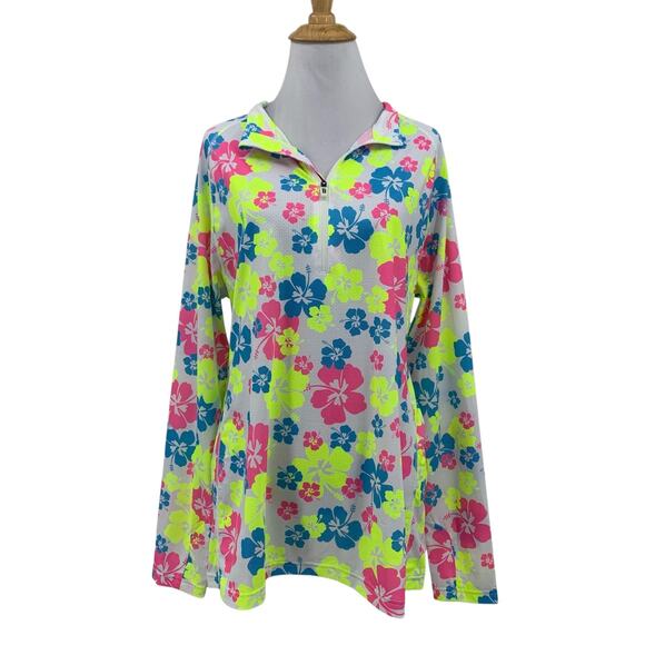 Taylor Jordan Top Womens XL Extra Large White Neon Floral Quarter Zip Floral - Picture 1 of 14